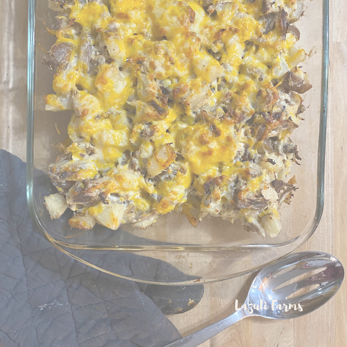Loaded Baked Potato Casserole with Shredded Chicken or Pulled Pork