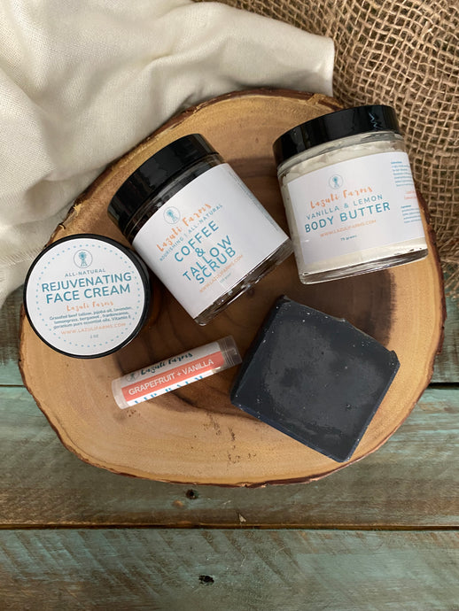 Starter Gift Set for Full Body Skincare | Rejuvenating Face Cream + Vanilla Lemon Body Butter + Coffee Tallow Face Scrub + Charcoal Face Soap + Grapefruit Vanilla Tallow Lip Balm
