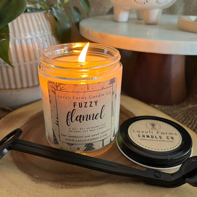 Fuzzy Flannel Candle | Natural Soy Wax Candle | Winter Collection | Sage Sandalwood Pine Peach Spearmint