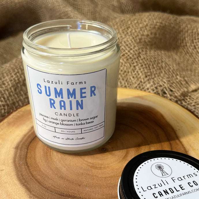 Summer Rain Candle | Natural Soy Wax Candle | Jasmine Geranium Tonka Bean Vanilla Musk Orange Blossom Patchouli