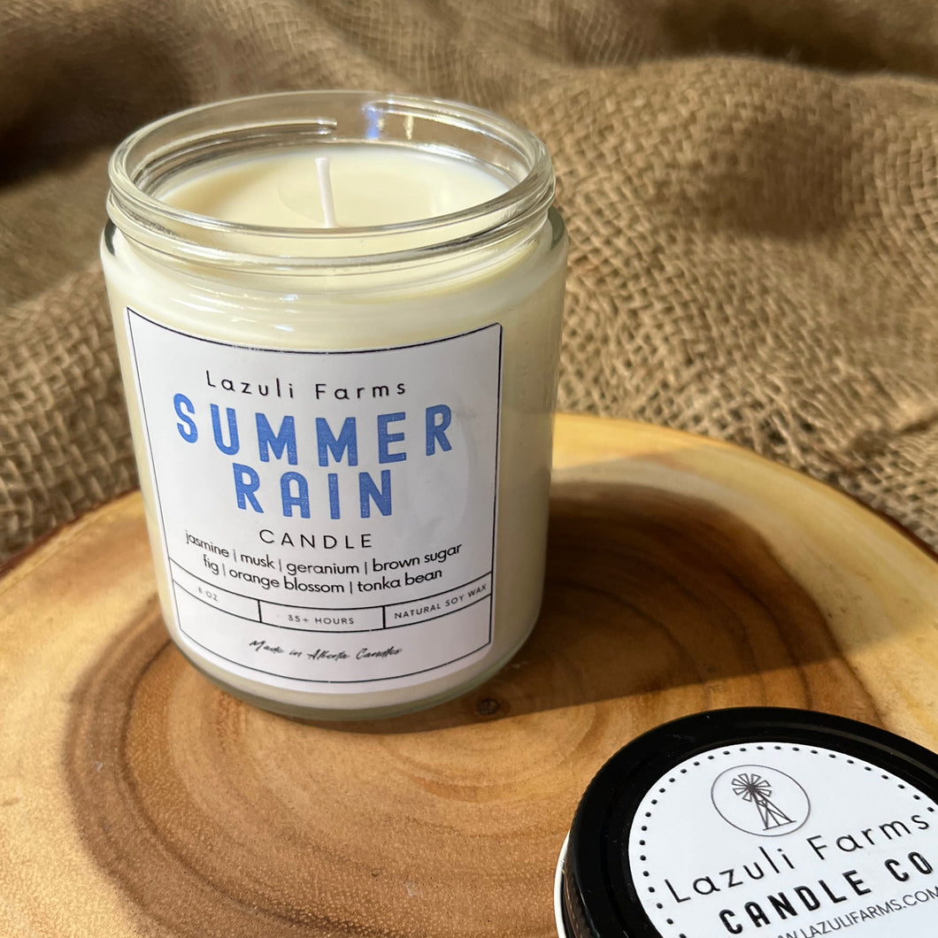 Summer Rain Candle | Natural Soy Wax Candle | Jasmine Geranium Tonka Bean Vanilla Musk Orange Blossom Patchouli